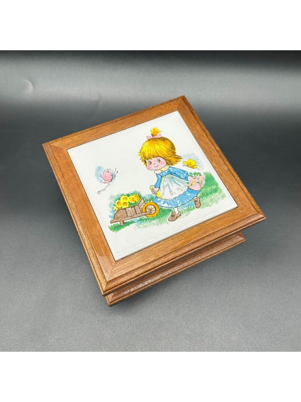 Vintage Wooden Jewelry Box Mirror Velvet Lined Prairie Girl Butterfly 1980s